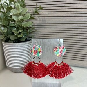 Handmade Leather Multicolor Earrings with Red Fringe Detail